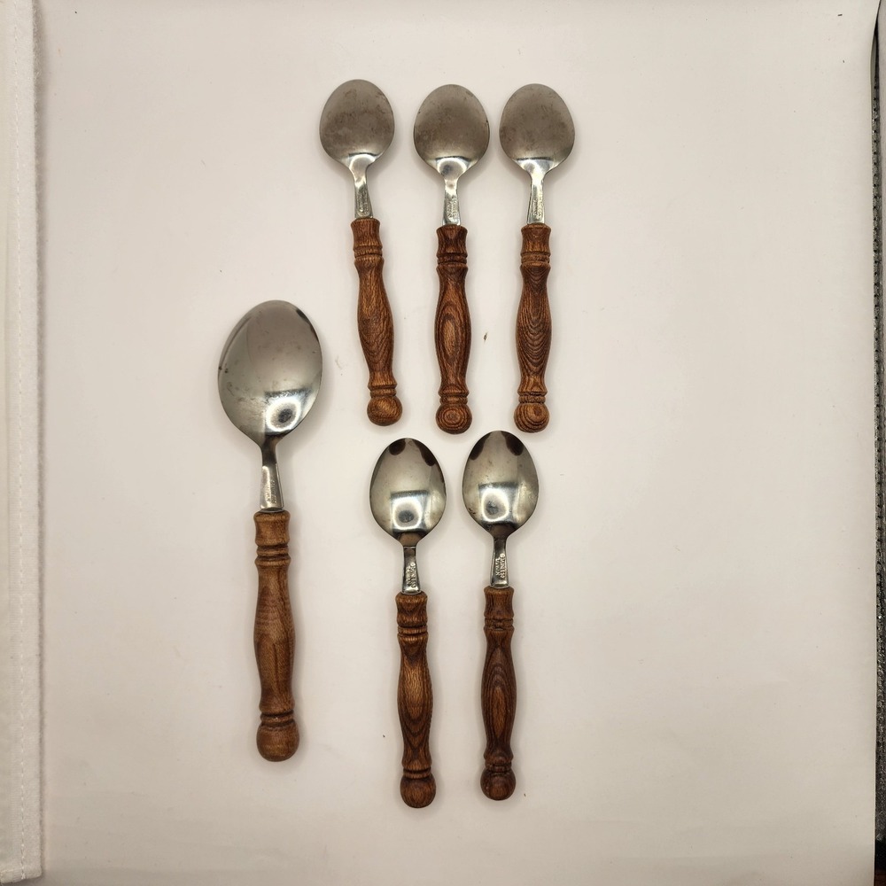 Vintage Old Homestead Stainless Steel Wood Handle Spoons Set of 6 - Picture 2 of 6
